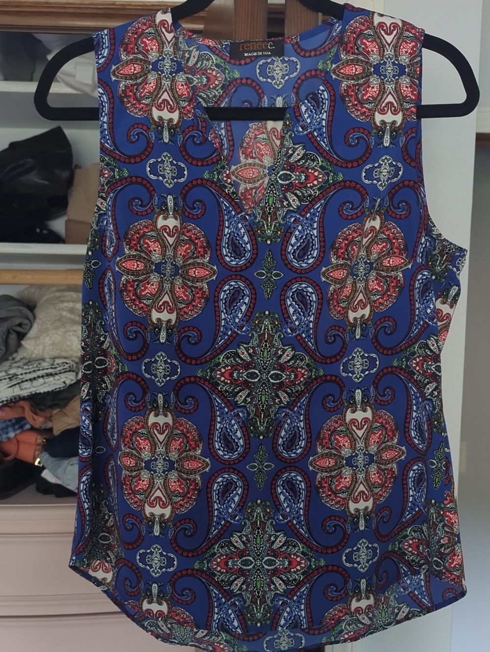 Renee C. Blue Paisley Floral Sleeveless Blouse